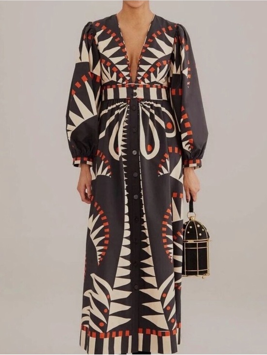 FARM Rio Dresses & Skirts - FARM Rio Black, Cream & Red Geometric Button-Front Maxi Dress